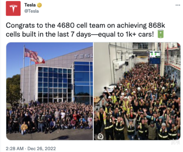 特斯拉4680电池周产能达86.8万块 可装备1000多辆Model Y.png