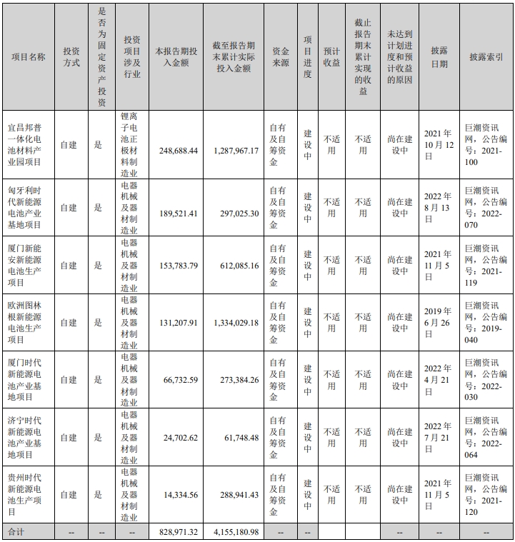 宁德时代正在进行的重大的非股权投资情况（截至今年上半年，单位：万元）