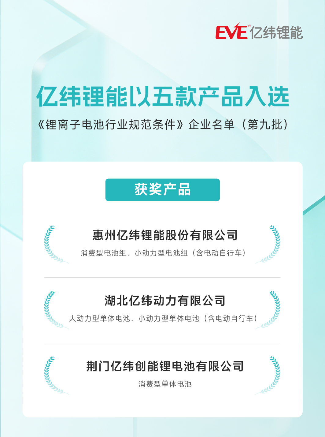 亿纬锂能五款产品入围锂电池行业规范“白名单”