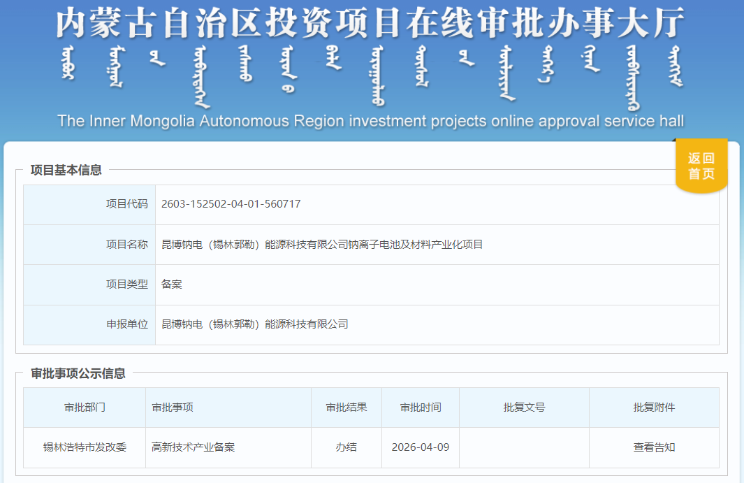 总投资41.1亿元！内蒙古一钠电项目备案获批