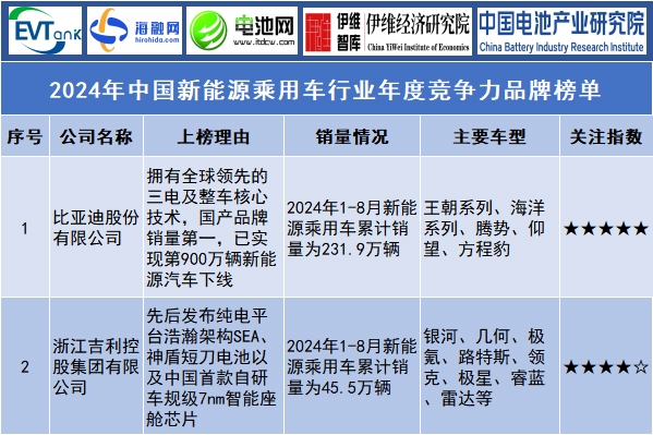 2024年中国新能源乘用车行业年度竞争力品牌